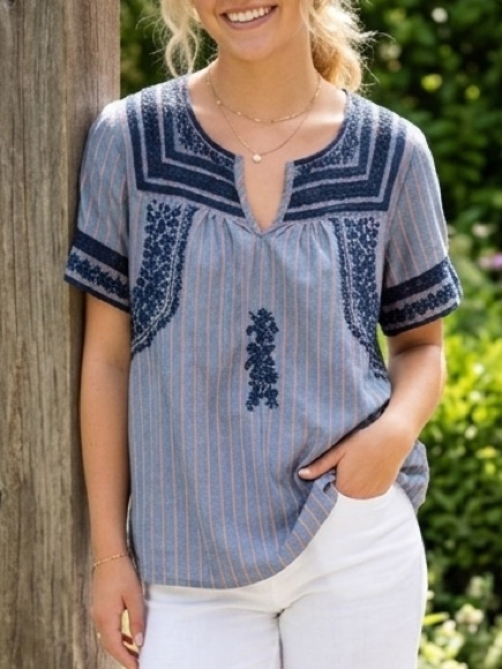 Dylan Mia Embroidered Bohemian Denim Red Stripe Cotton Top L